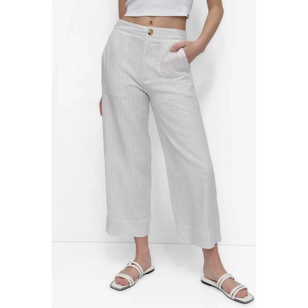 DKNY Women's Cropped Wide Leg Linen Pants Size 12 In Blue Stripes/Ivory